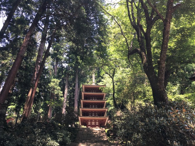 The Muro-ji Temple complex in Nara Prefecture is surrounded by towering forest. The Five Element pagoda shown here is the smallest in Japan.