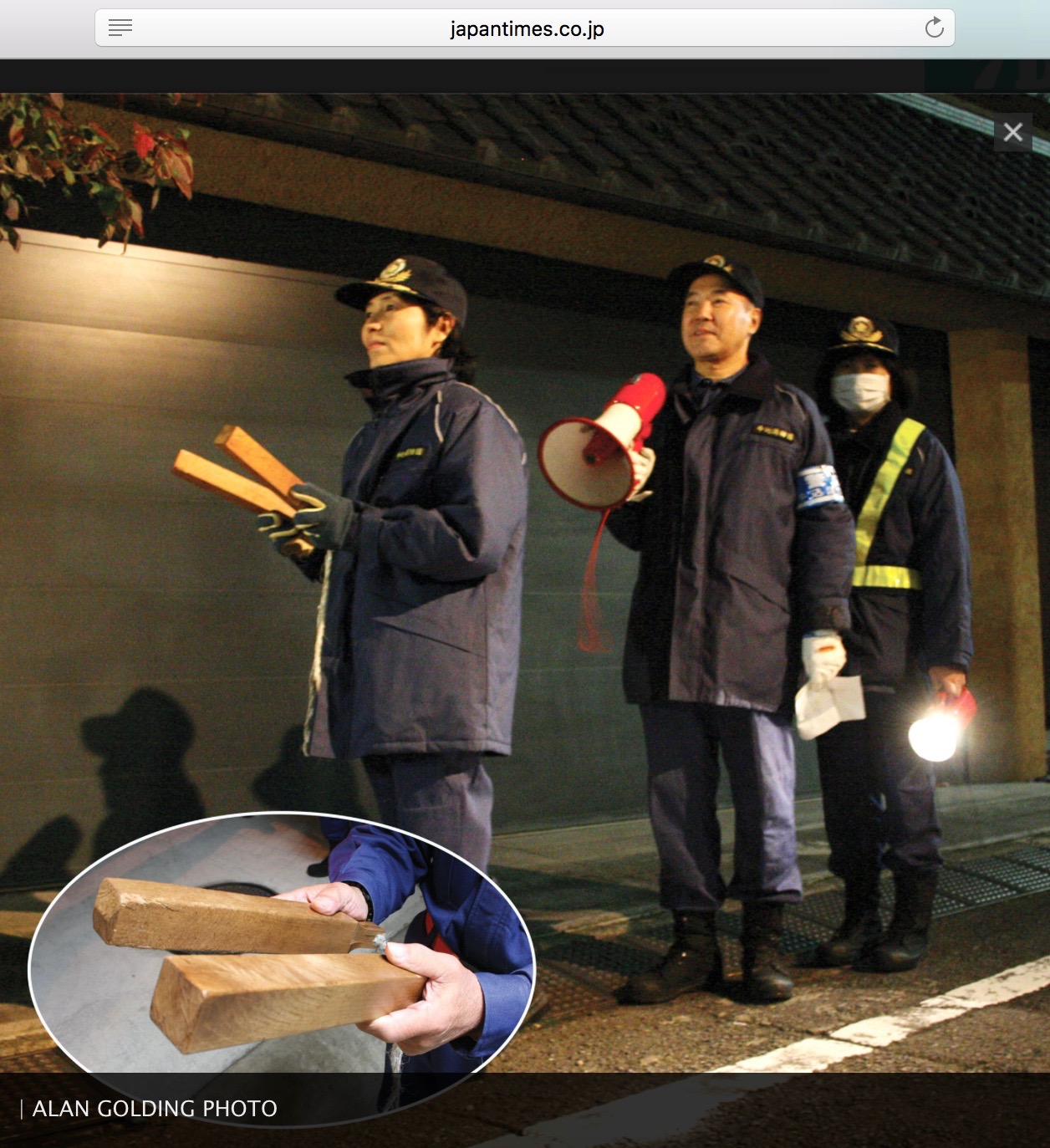 If I was in Kyoto in winter, I may hear the clapping sticks of the night patrols reminding people to be careful of fire. Source: Japan Times.