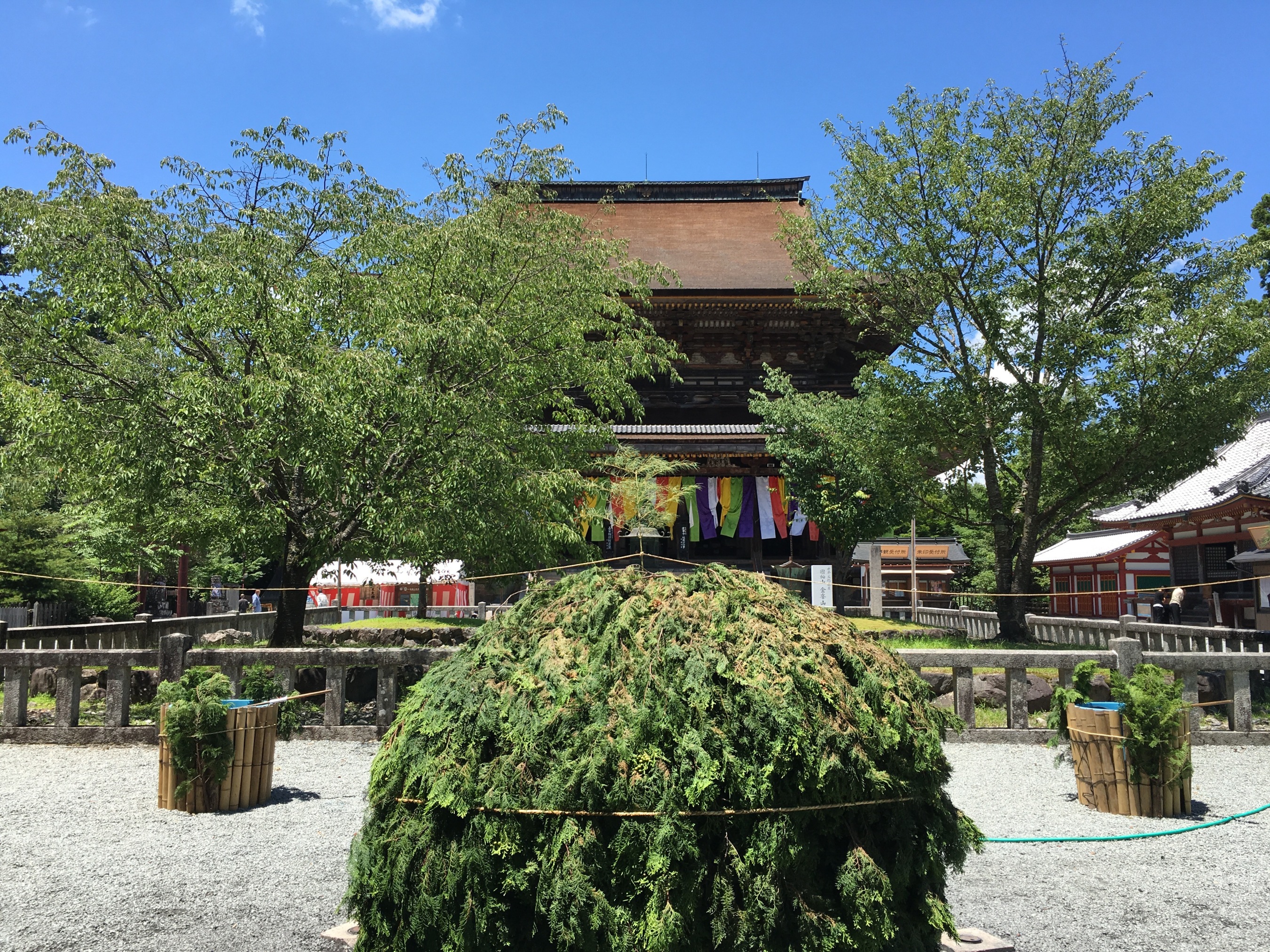 Kimpusen-ji Temple in Yoshino is the second largest wooden building in the world, after Todaiji Temple in Nara. The pile of cedar leaves in the forecourt of the Temple, which sit over a framework of wood, has been constructed in preparation for a Shugendo fire ceremony the following day.