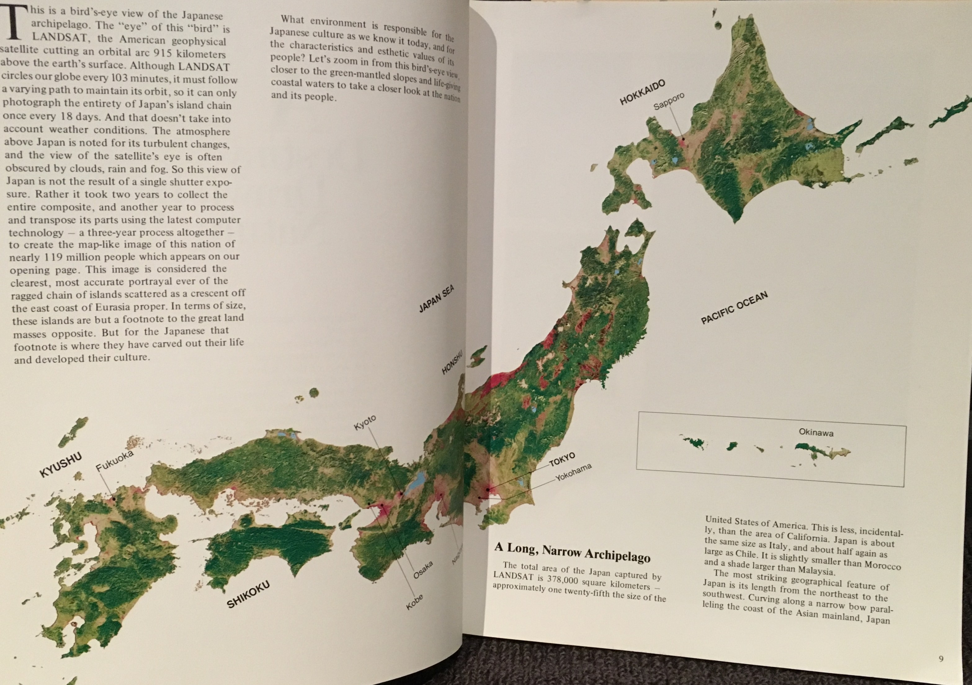 The LANDSAT image of Japan proudly presented in the book "The Dawns of Tradition". the image took three years to create. Creating a cloud-free image of Japan was no easy task with the technology available at the time.