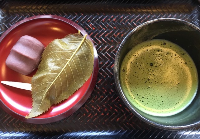 Matcha at Arashiyama after enjoying a boat ride on the Horikawa River from Kameoka. two large wets were served with the tea. The one wrapped in cherry leaves was my second favourite on the tour, after the Persimmon.